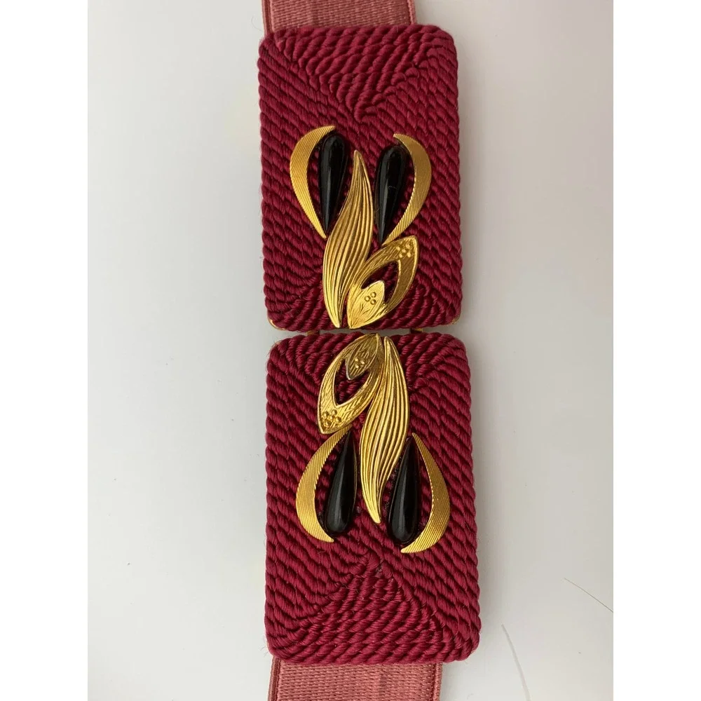 Vintage Mauve Elastic Cinch Belt Gold‎ Tone Black Enamel Filigree Buckle Retro